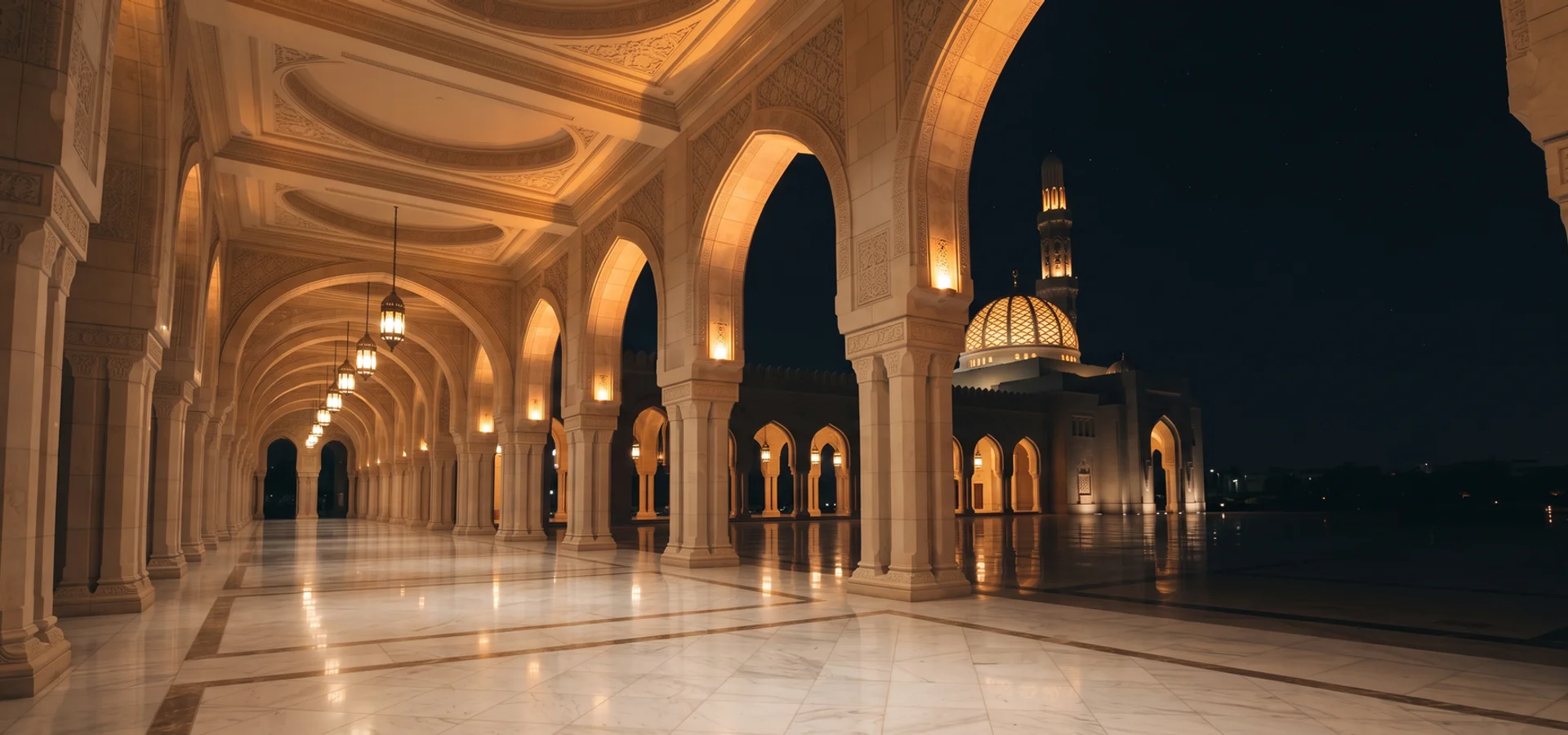 Covered colonnade at night with arches lit in sequence