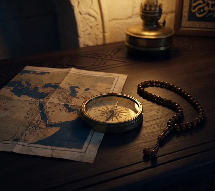 Brass compass and folded map on a dark wooden desk beside prayer beads