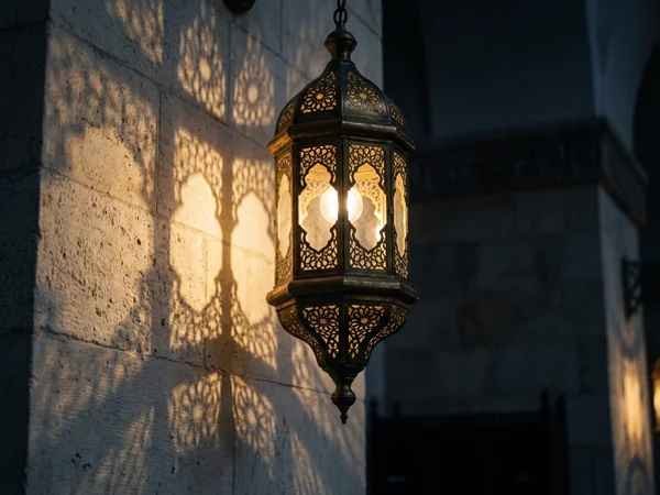 Brass mosque lantern casting patterned shadows on a limestone wall