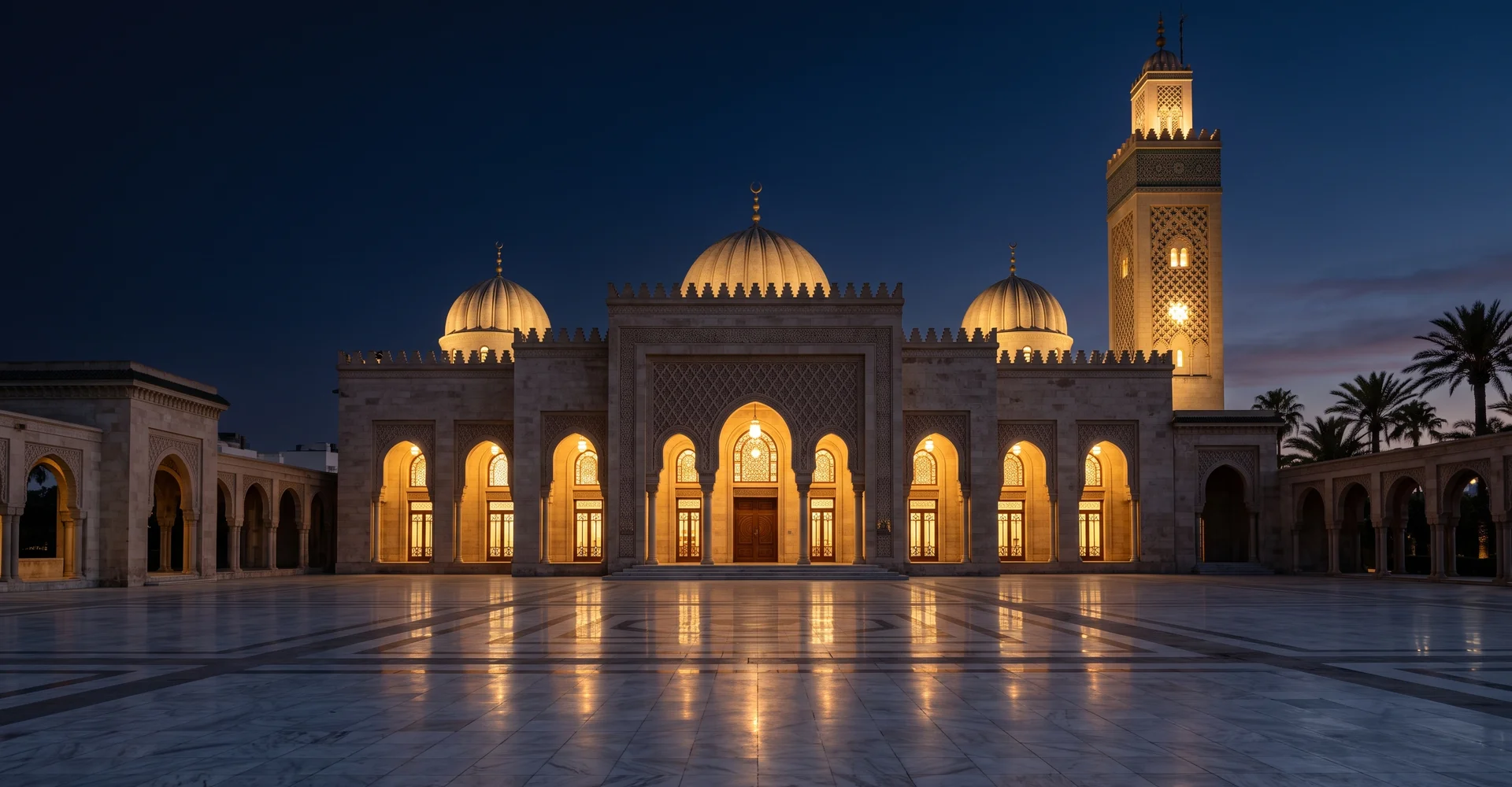 Mosque exterior at blue hour with warm glowing arched windows