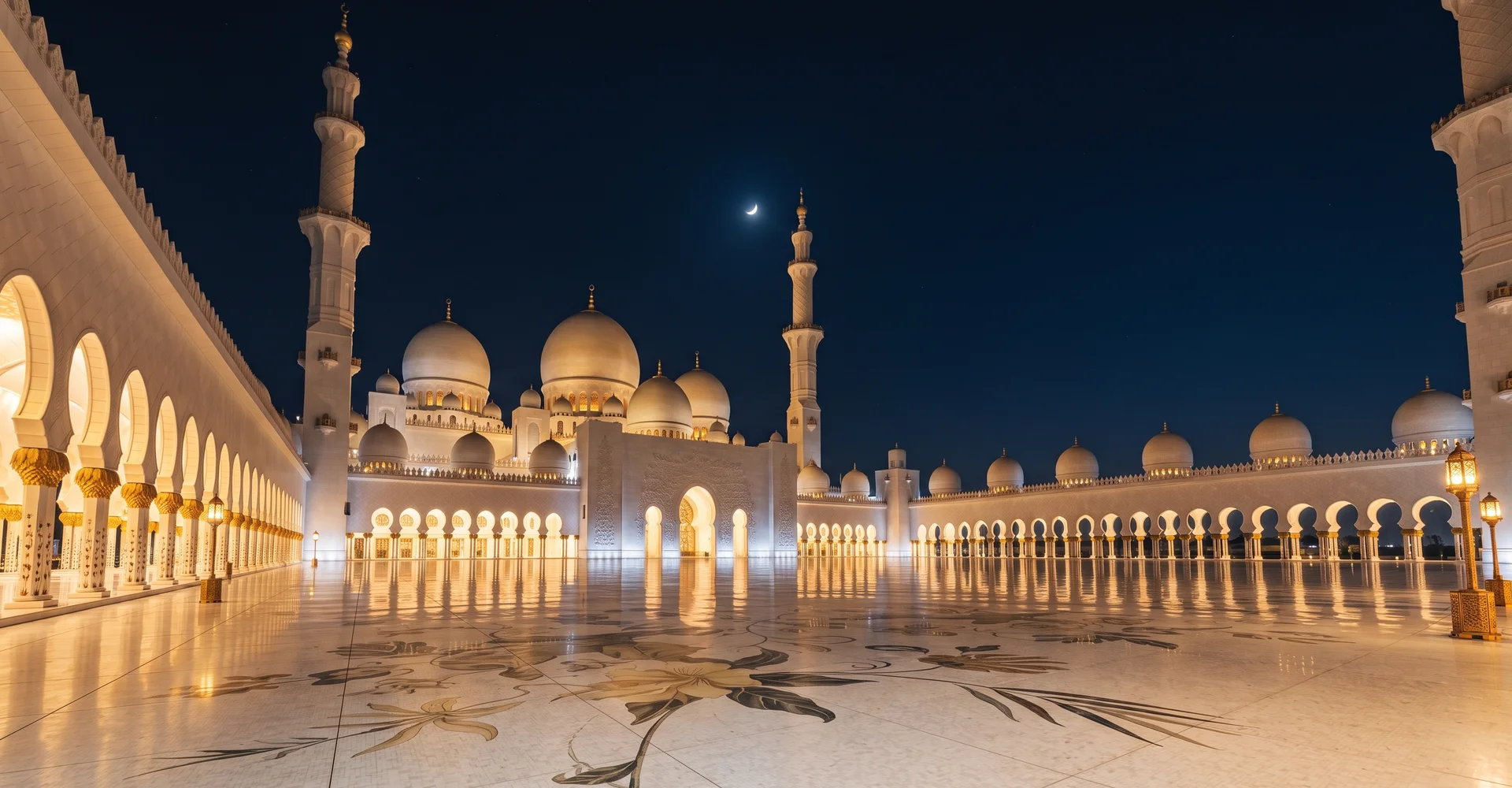 Crescent moon above illuminated minarets of the grand mosque at night