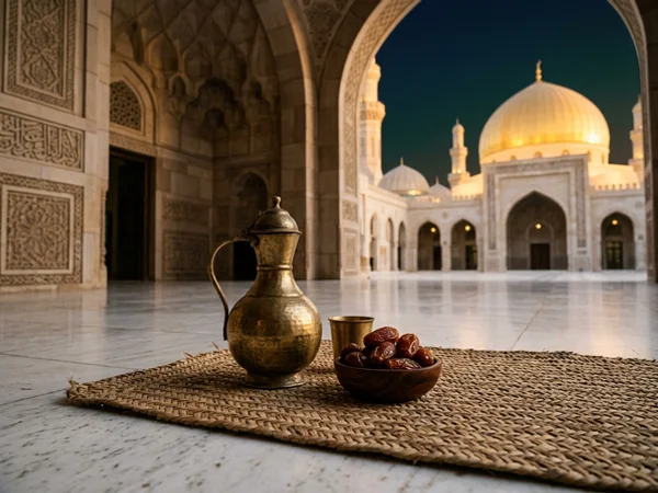 Dates and a brass water jug arranged on a woven mat