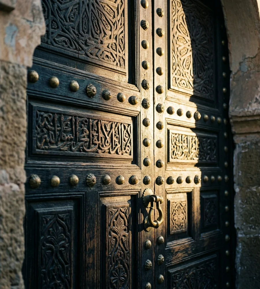 Ornate carved wooden mosque door with brass studwork