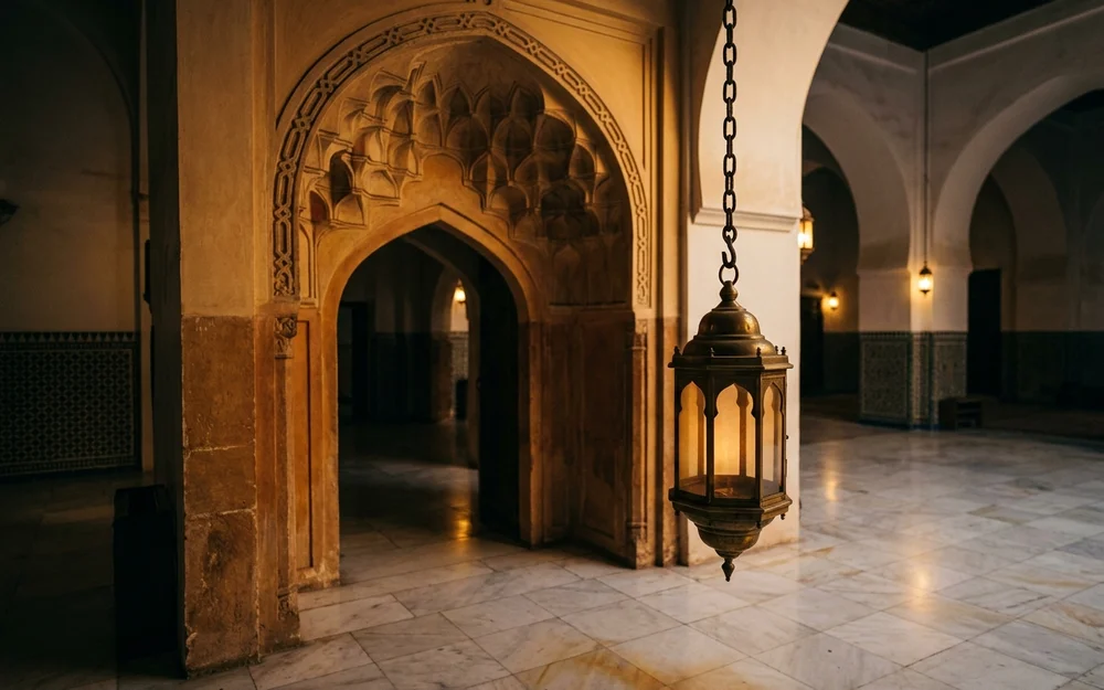 Carved geometric archway and brass lantern inside a grand mosque