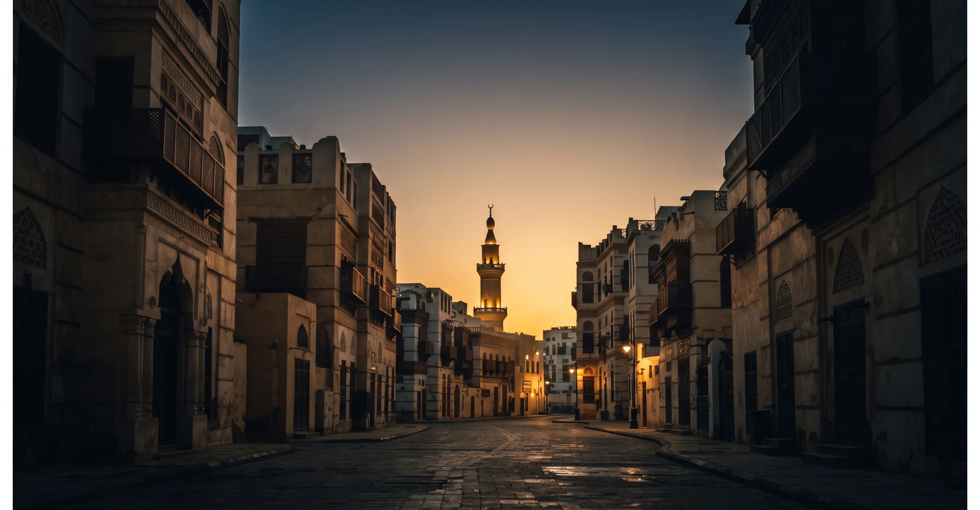 Quiet Makkah street at sunrise with pale stone buildings and a minaret silhouette