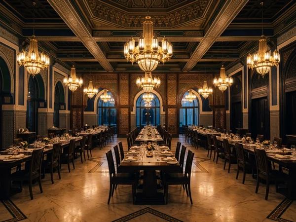 Hotel dining hall with laid tables under brass chandeliers