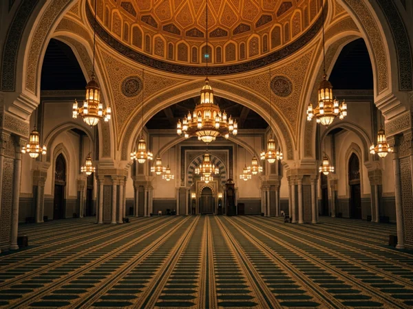 Empty prayer hall before Taraweeh with long carpet rows and chandeliers