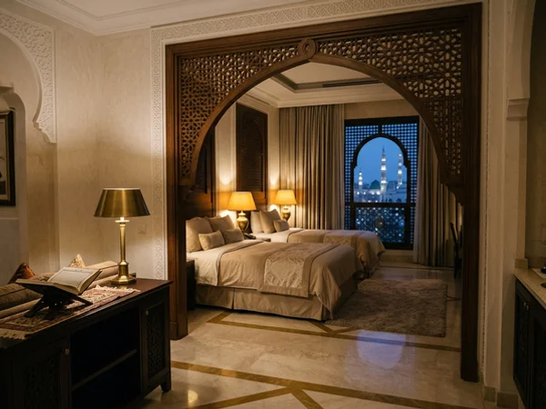 Family-sized hotel suite with connected rooms in soft evening light