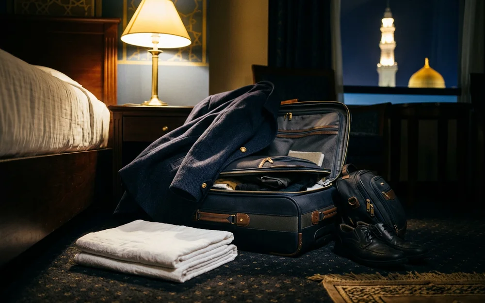 Folded white Ihram cloth beside a winter coat and a packed suitcase
