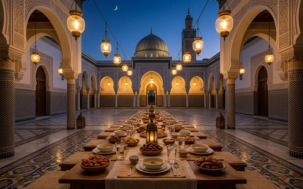 Iftar table set with dates and water on a mosque courtyard floor at dusk