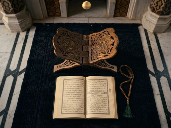 Open Quran on a carved wooden stand beside prayer beads