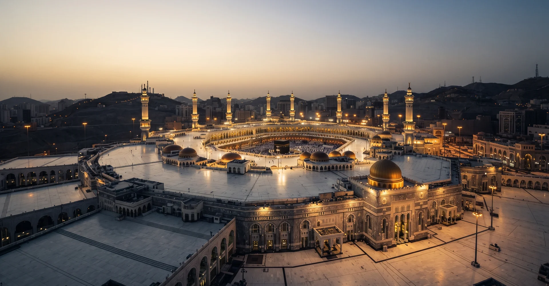 Dawn view of the grand mosque complex with tiered marble terraces