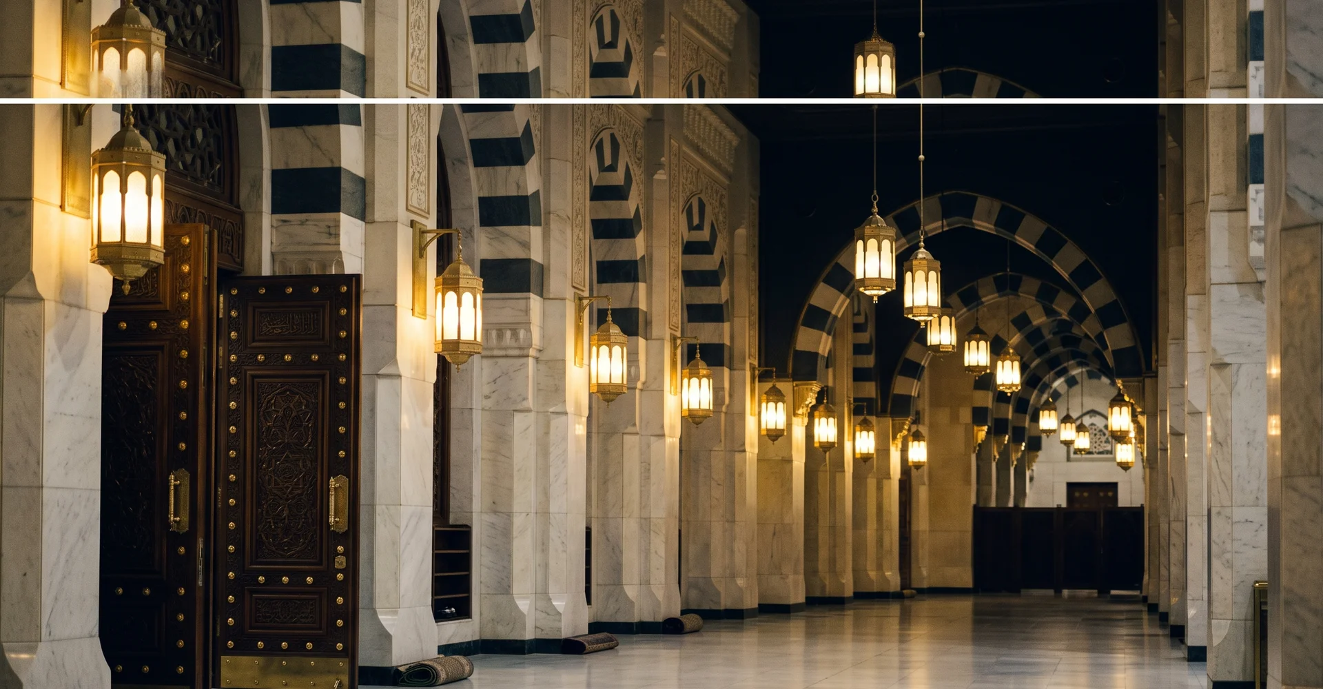 Interior of the Prophet's Mosque in Madinah with carved doors and repeating arches at dawn