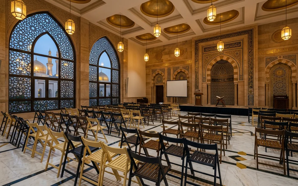 Chairs set out for a community seminar in an Islamic centre hall