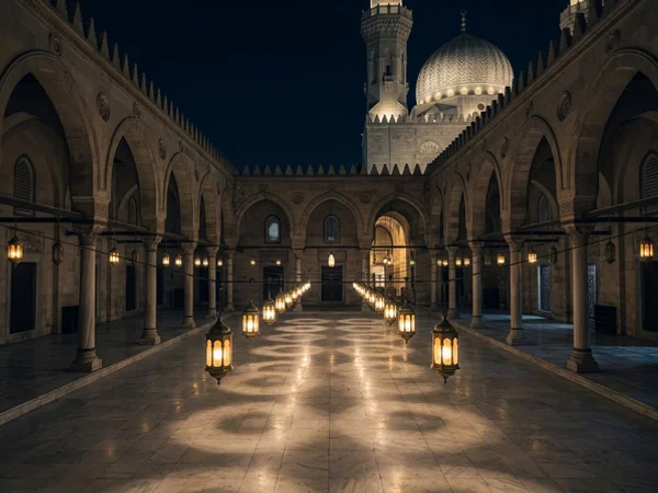 Lanterns strung across a mosque courtyard at night