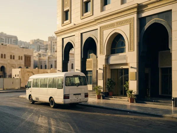 Shuttle coach outside a modest Makkah hotel entrance at dawn