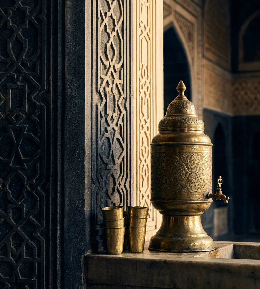 Brass water dispenser and cups beside a patterned stone wall