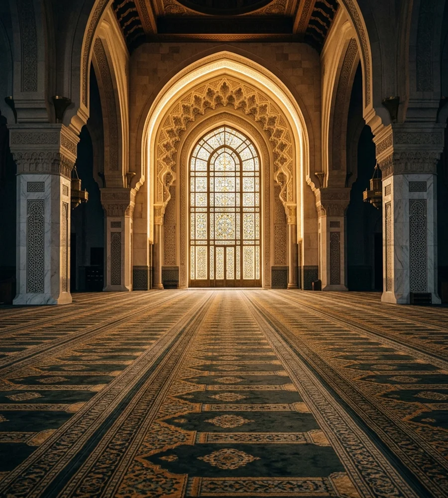 Softly lit prayer hall with patterned carpet and a tall arched window