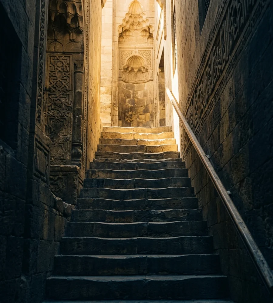Narrow stone stairway between mosque walls leading into warm light