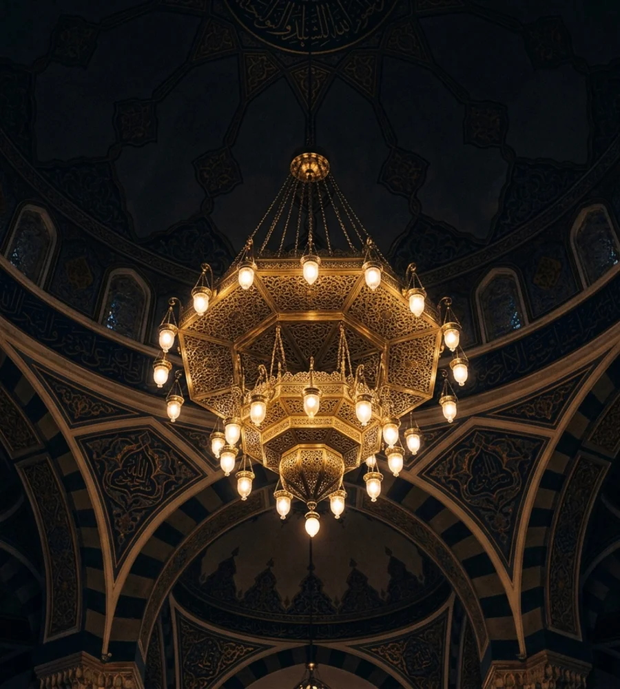 Hanging brass chandelier cluster inside a mosque dome