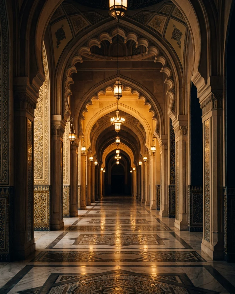 Softly lit mosque corridor with repeating pointed arches
