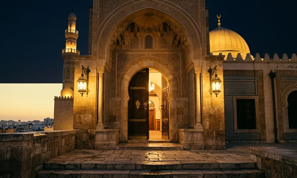 Arched mosque entrance with brass lanterns and light on stone steps