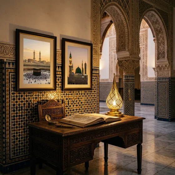 Travel specialist desk with an open atlas and framed images of Makkah and Madinah