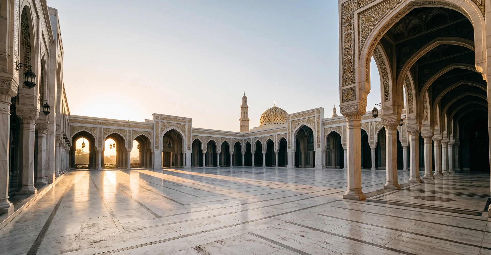 White marble courtyard ringed by pointed arches in morning light