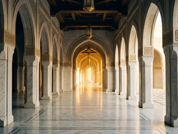 Marble colonnade walkway inside the grand mosque with repeating arches