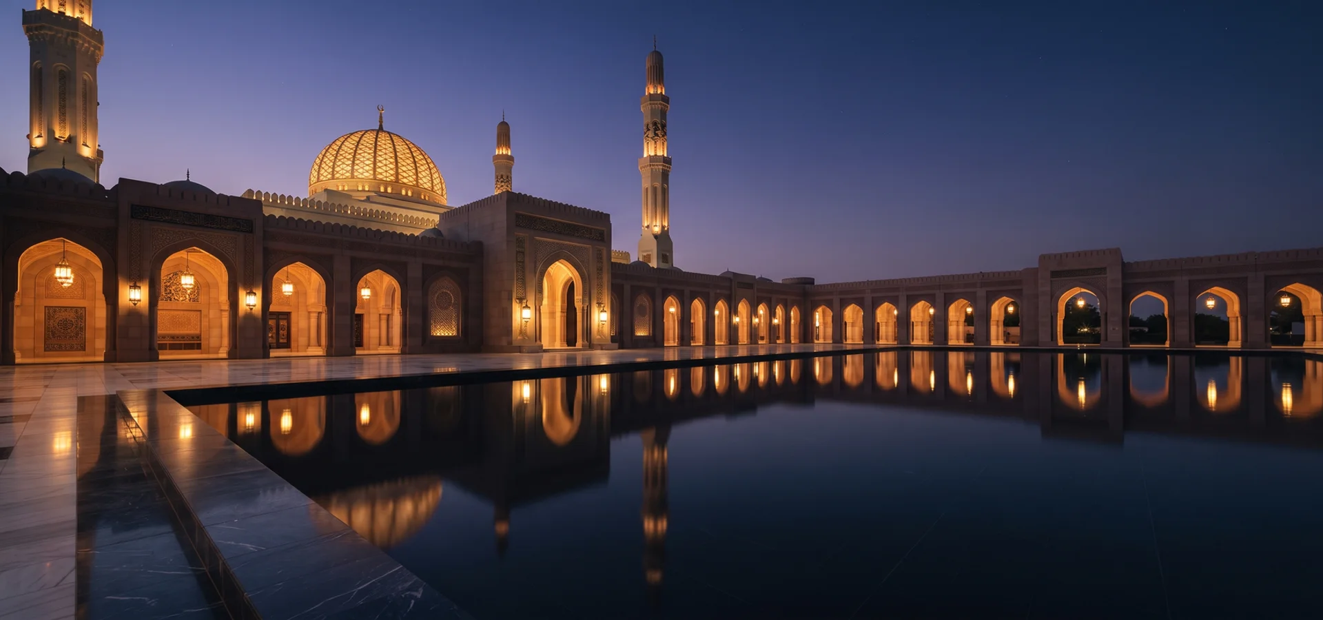 Mosque reflecting pool mirroring lit arches at twilight