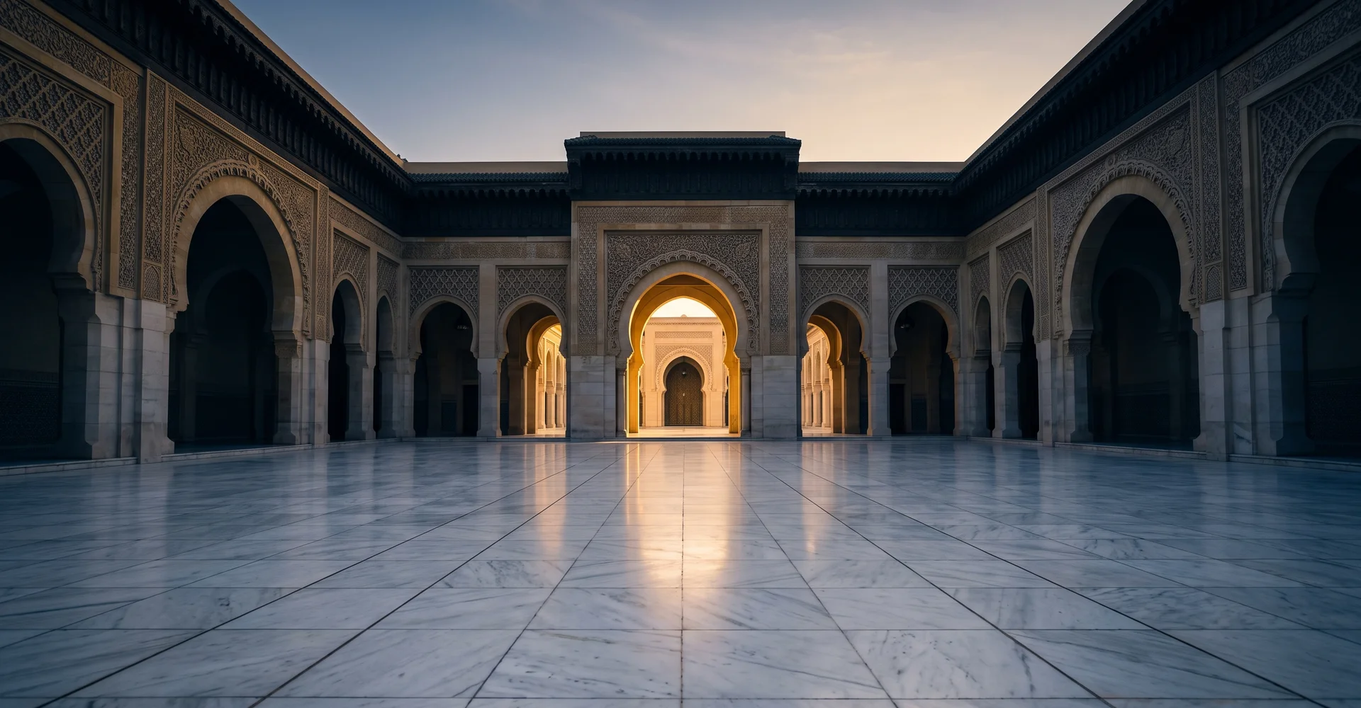 Serene mosque courtyard at early morning with light through an arched gateway