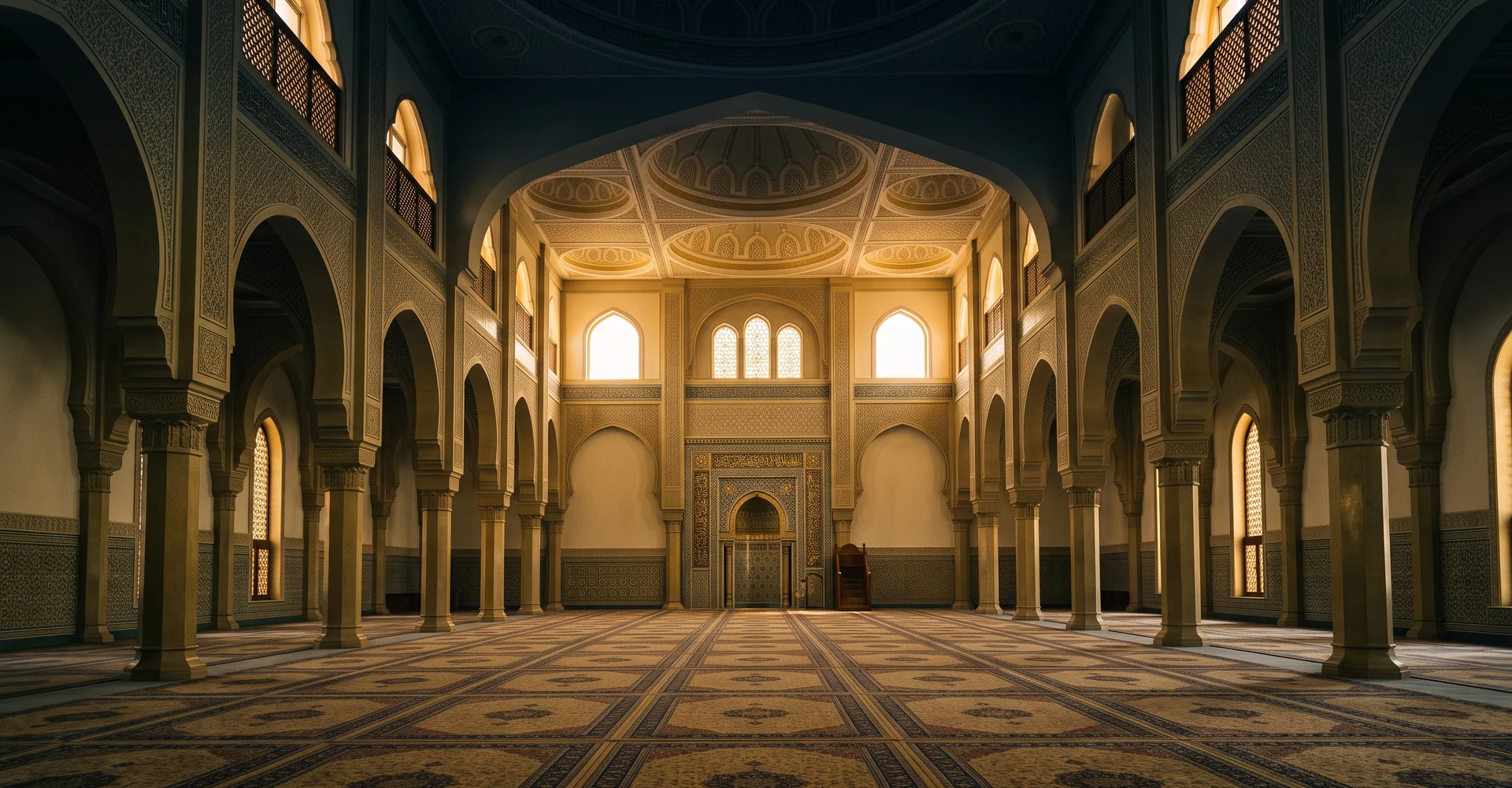 Empty mosque prayer hall with long carpet rows and warm light from high windows