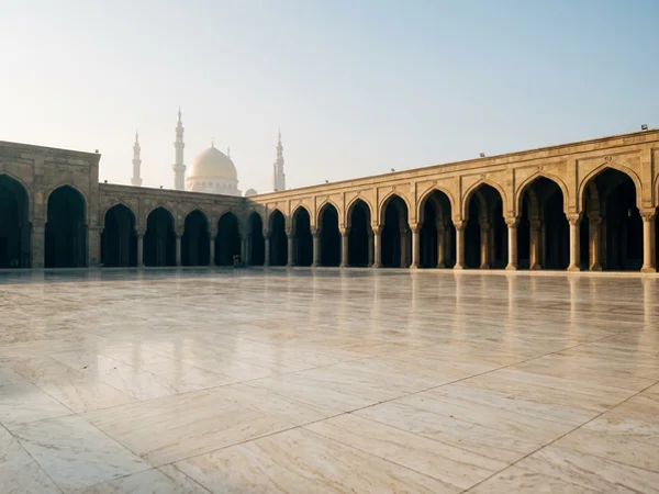 Outer courtyard of the Haram in soft morning haze