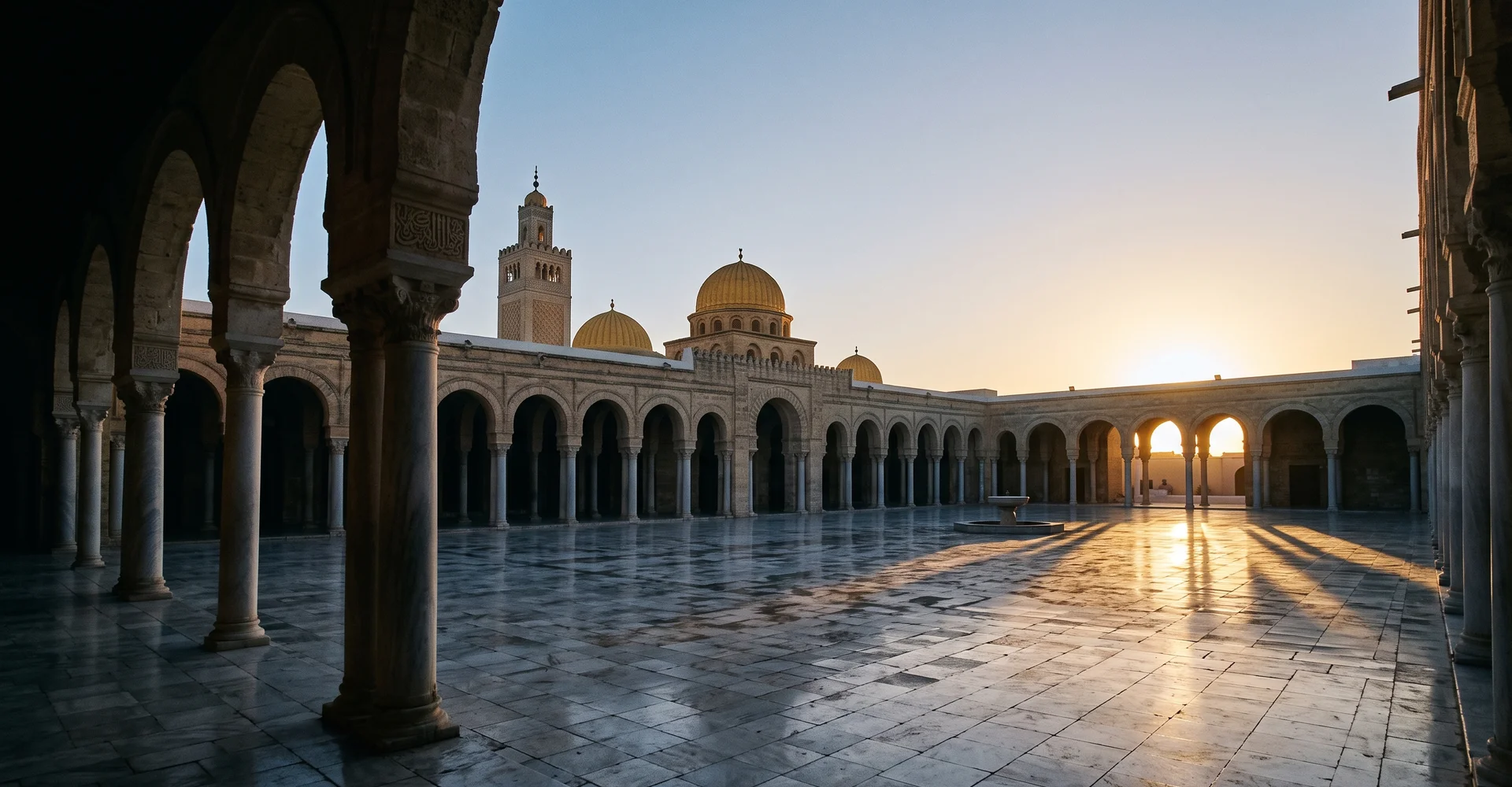 Mosque courtyard at winter dawn with long shadows and low warm sun on stone arches