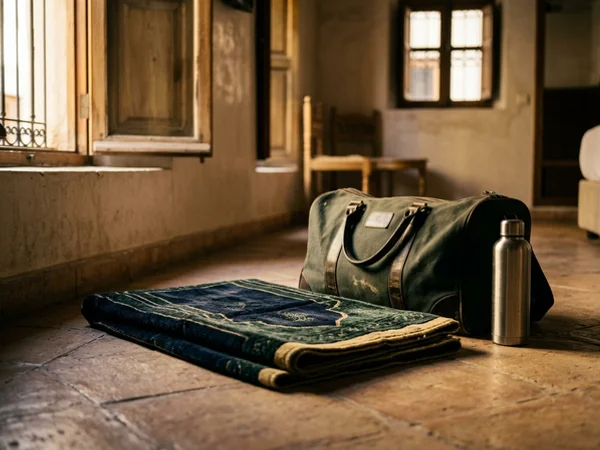 Folded prayer mat beside a travel bag and water flask on a tiled floor